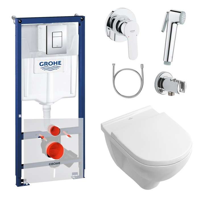 Инсталляционная система Grohe Rapid SL + подвесной унитаз V&B O.Novo без ободка с крышкой + набор гигиенического душа (38770HR7)